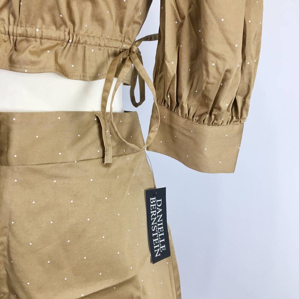 New Danielle Bernstein SET khaki dot puff sleeve top XS high waist shorts 4 NWT - Picture 3 of 5